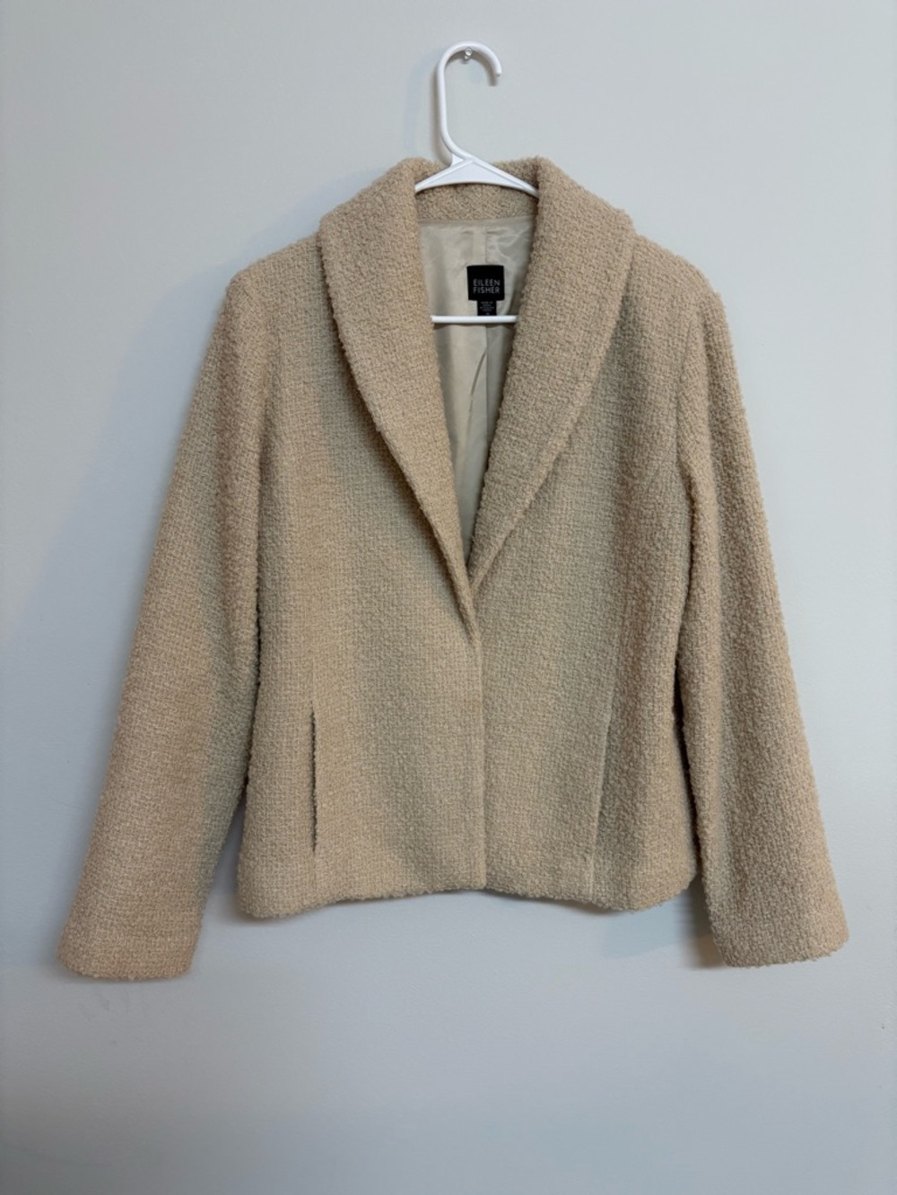 Eileen Fisher Bouclé Shawl Collar Open Front Jacket Cream M